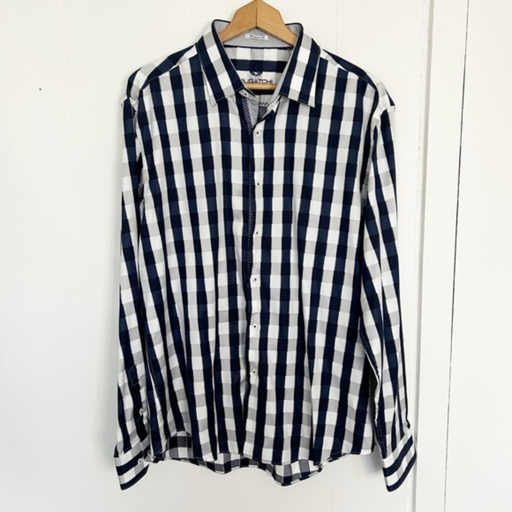 Bugatchi Uomo long sleeve Button Down Navy White Check Shaped Fit XL